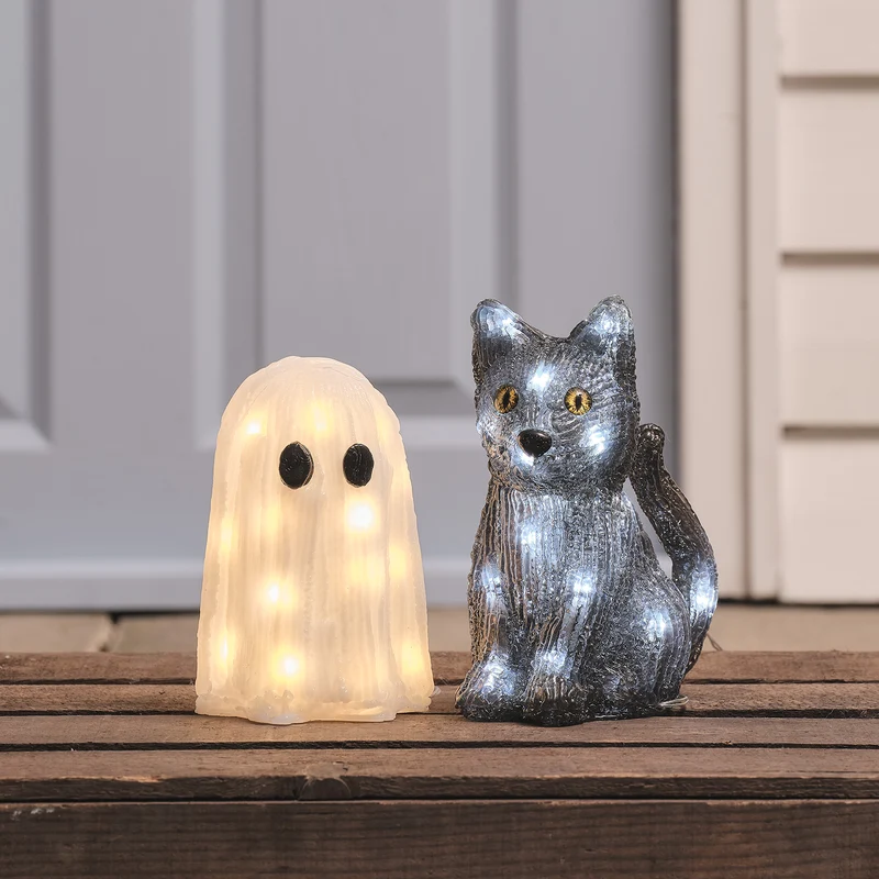 2er Set LED-Halloweenfiguren Mini-Geist & Katze "Jet"