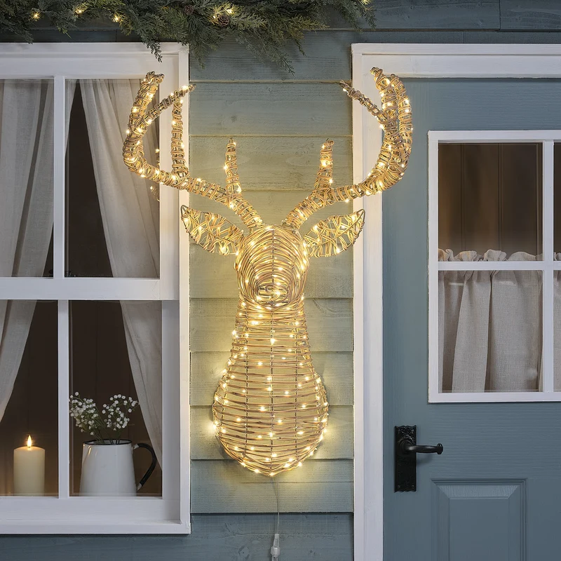 87 cm Leyburn LED-Hirschkopf aus Rattan mit 230 Bicolor LEDs für den Außenbereich