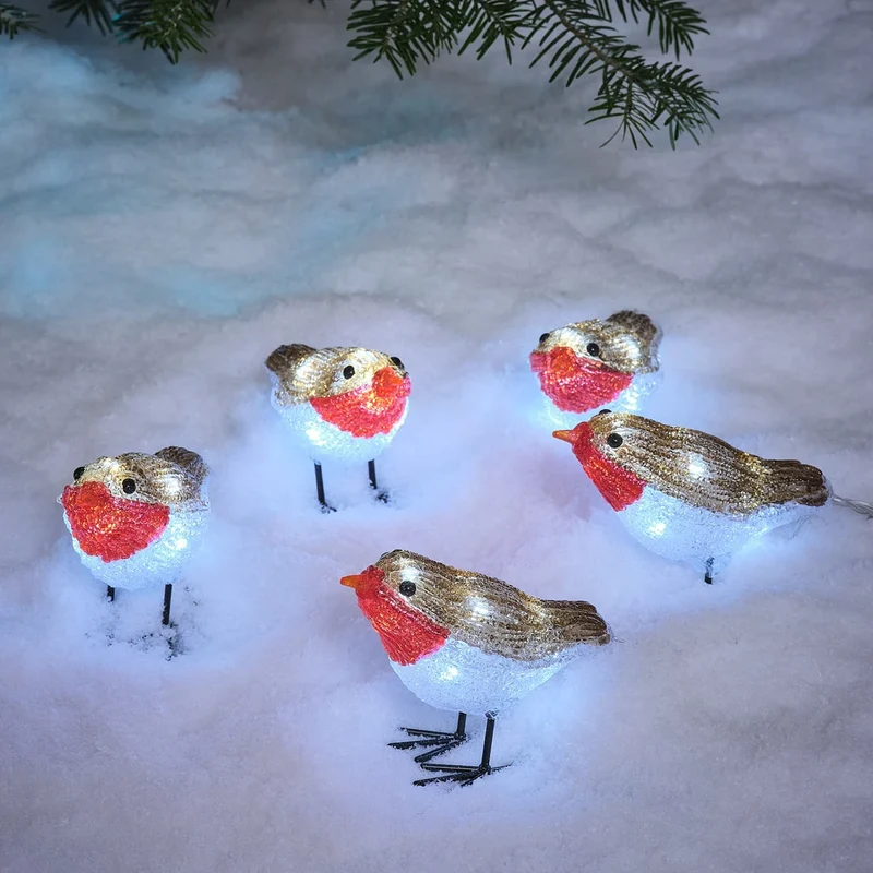 5er Set LED Acryl Weihnachtsfiguren Rotkehlchen für den Außenbereich