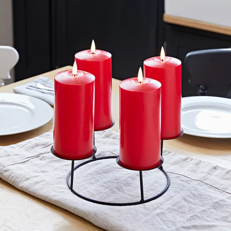 Kerzenständer Tischdeko mit 4 roten TruGlow® LED Stumpenkerzen Echtwachs